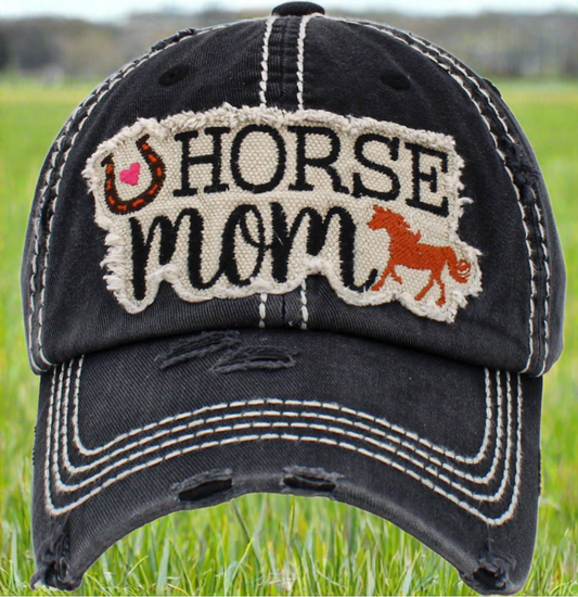 Horse Mom Hat Distressed Black Baseball Cap