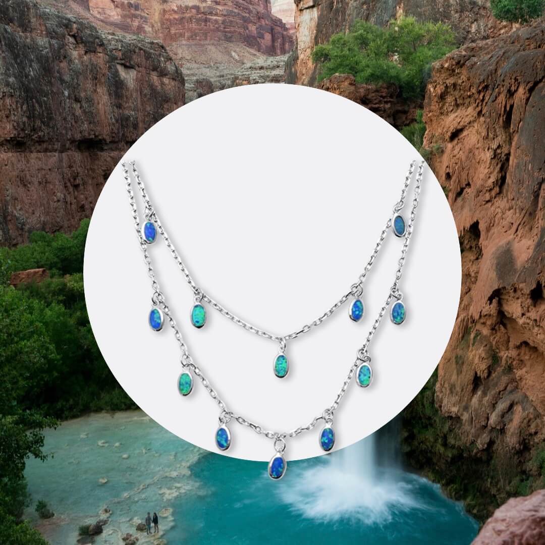 Blue Opal Necklace Double Waterfalls Sterling Silver 15 inches with 2 inch extension