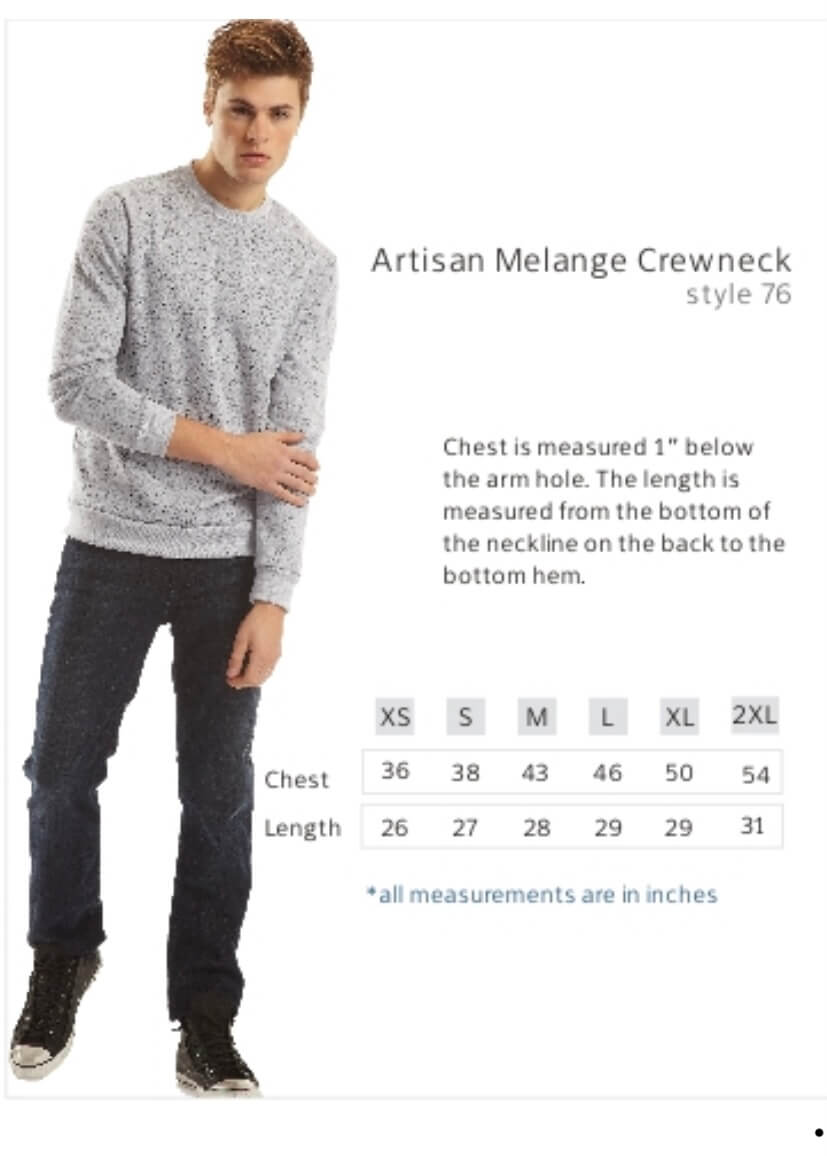 Royal Apparel Black Crewneck Sweatshirt Unisex Sizing Chart