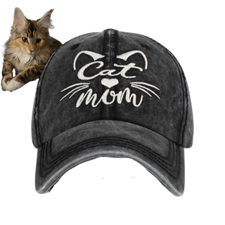 Cat mom hat with cute cat face. Black vintage wash material.
