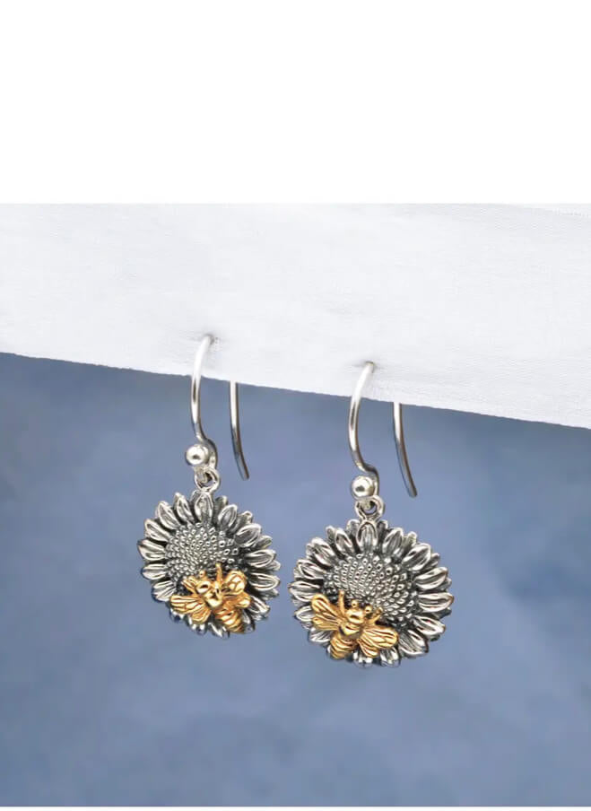 Silver Sunflower Earrings with Bronze Bee