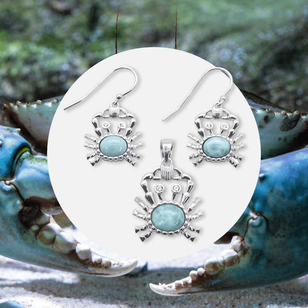 Natural Larimar Crab Earrings & Pendant Set Sterling Silver