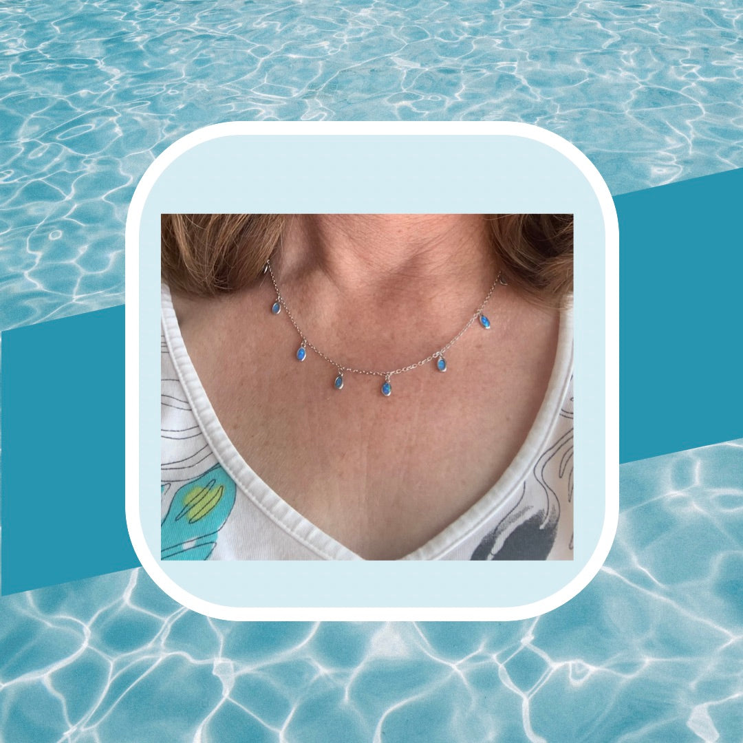 Model wearing Blue Opal Necklace Sterling Silver Waterfall on model