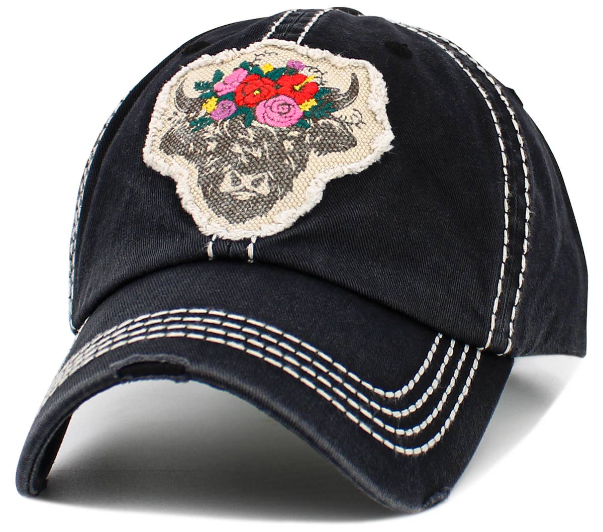 Fluffy Floral Cow Vintage Ballcap: BLK