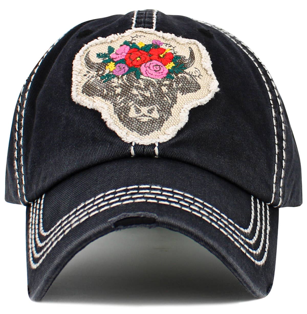 Fluffy Floral Cow Vintage Ballcap: BLK