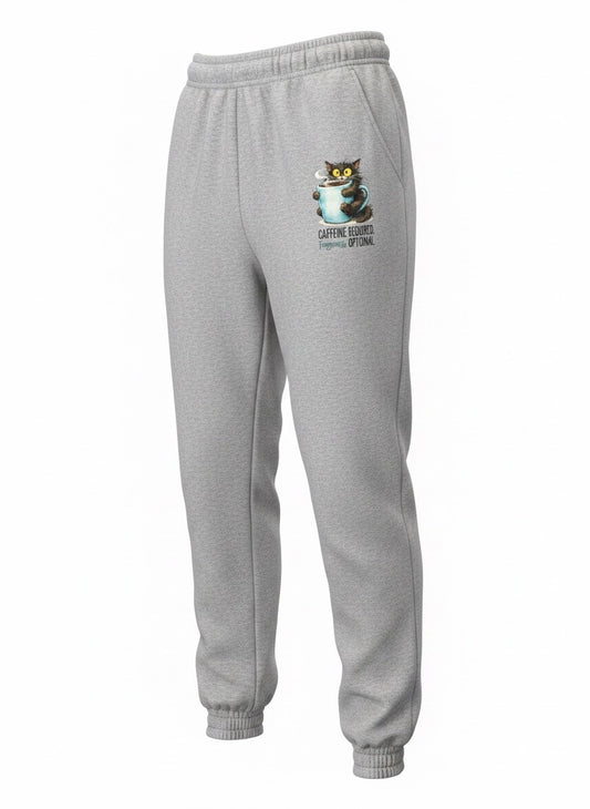 Light gray sweatpants with a small cat graphic and the text 'Caffeine Required Fuzziness Optional' printed on the left thigh.