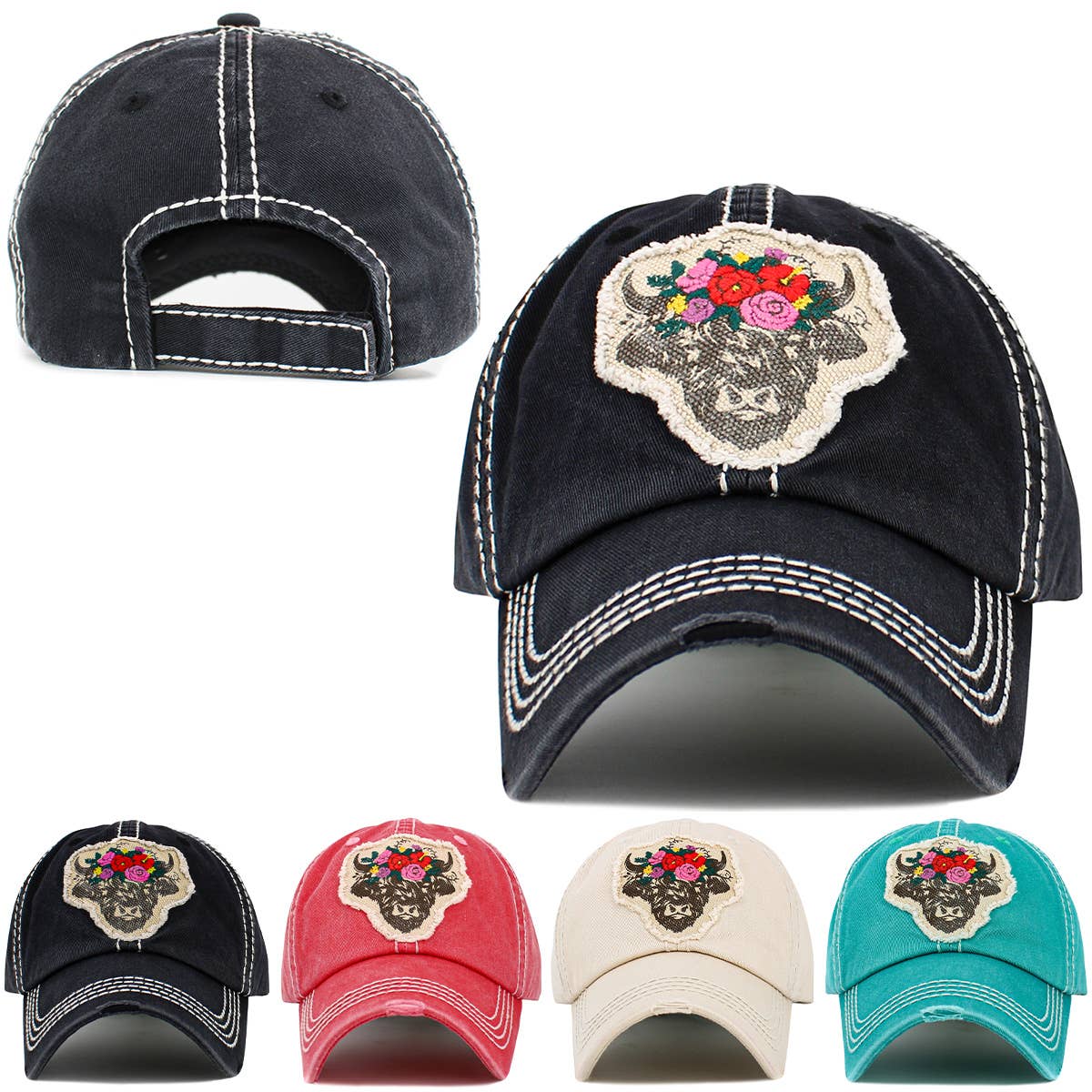 Fluffy Floral Cow Vintage Ballcap: BLK