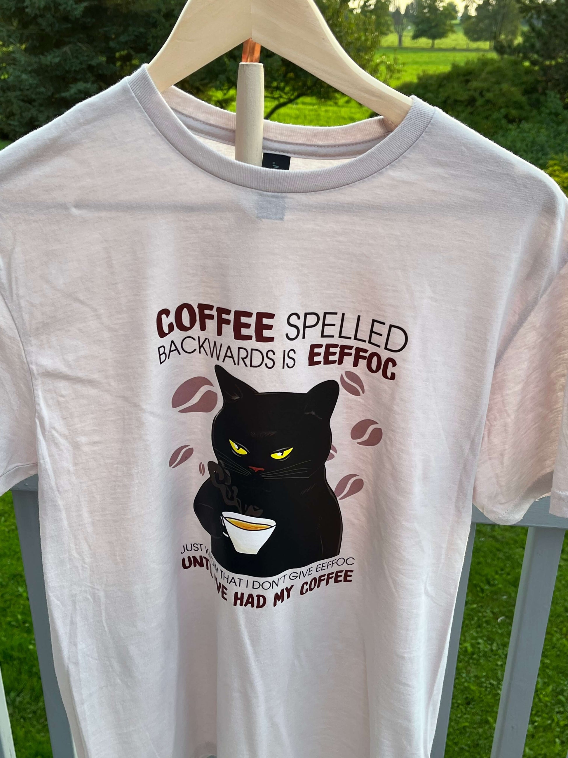 Funny Coffee Cat T-Shirt Unisex Coffee Spelled Backwards