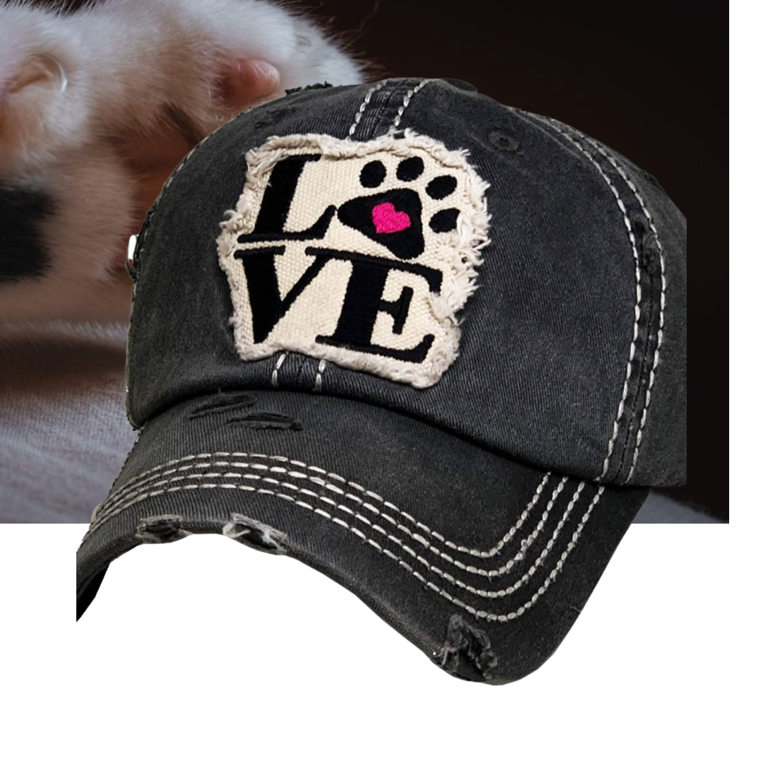 Paw Love Hat Distressed Black Baseball Cap