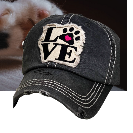 Paw Love Hat Distressed Black Baseball Cap