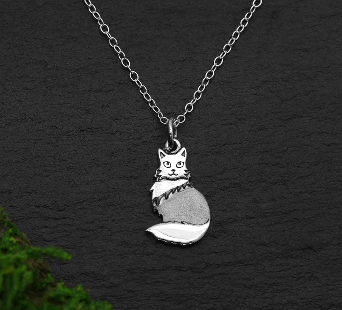 Sterling silver fluffy cat necklace with 18" sterling silver chain