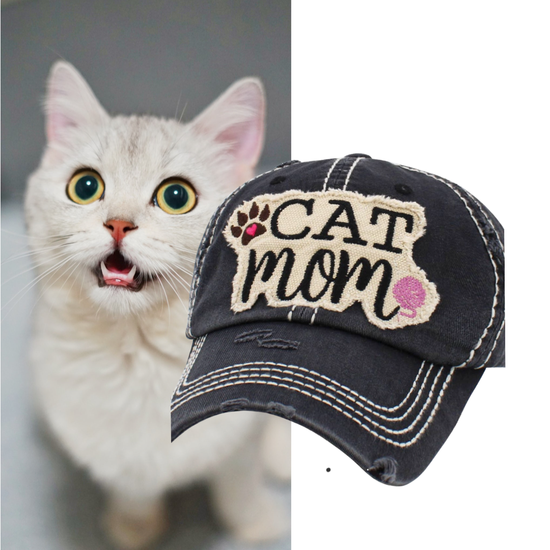 Cat Mom Hat Distressed Patch Baseball Cap