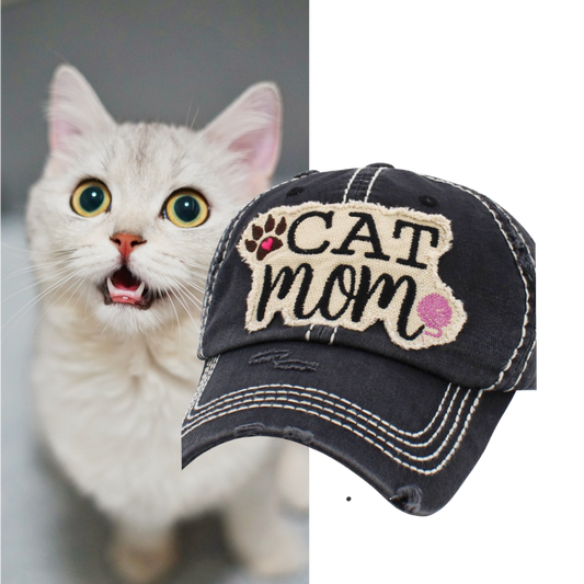 Cat Mom Hat Distressed Patch Baseball Cap