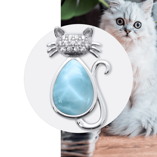 Larimar Cat Pendant Sterling Silver Cubic Zirconia