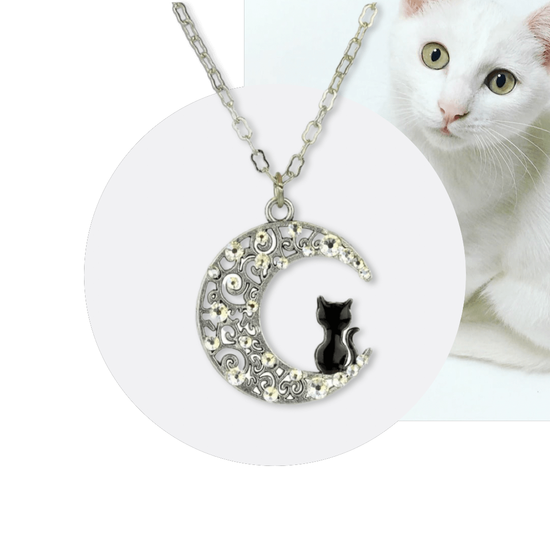 Cat and Moon Crystal Necklace Handmade Silver Plated