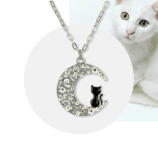 Cat and Moon Crystal Necklace Handmade Silver Plated