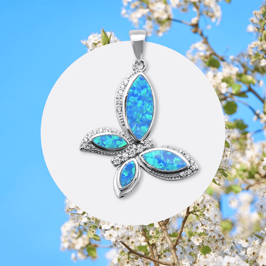 Blue Opal Butterfly Pendant Sterling Silver. 1.3 inches in size