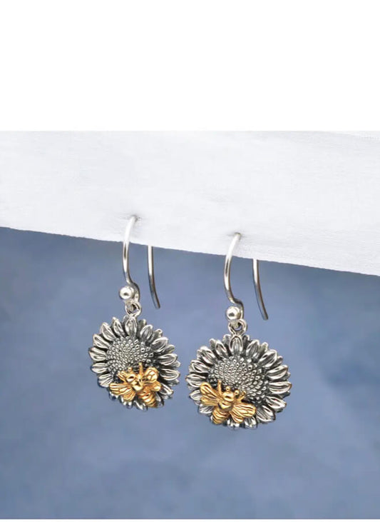 Silver Sunflower Earrings with Bronze Bee