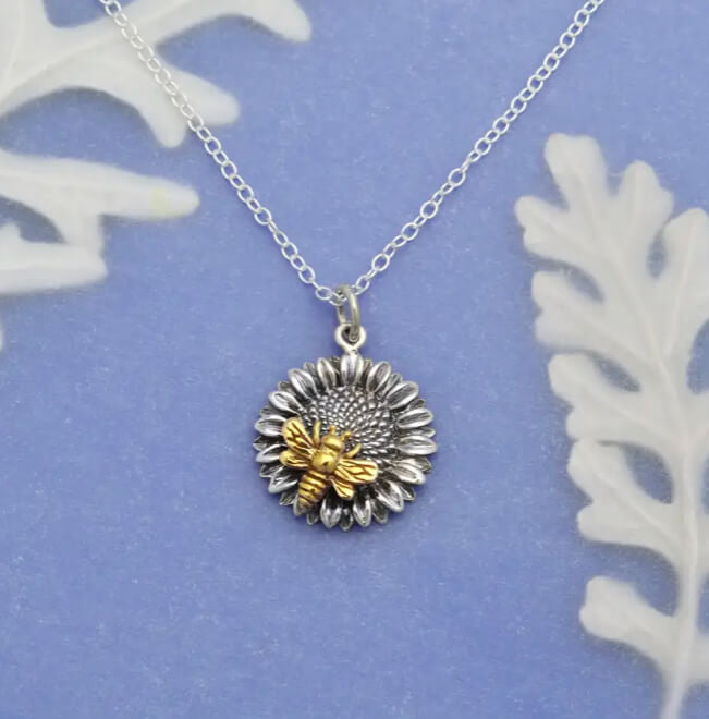 Sterling Silver Sunflower Necklace with Bronze Bee