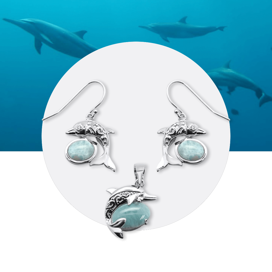 Natural Larimar Dolphin Pendant & Earrings Set .925 Sterling Silver