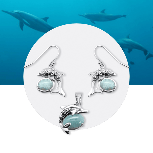 Natural Larimar Dolphin Pendant & Earrings Set .925 Sterling Silver