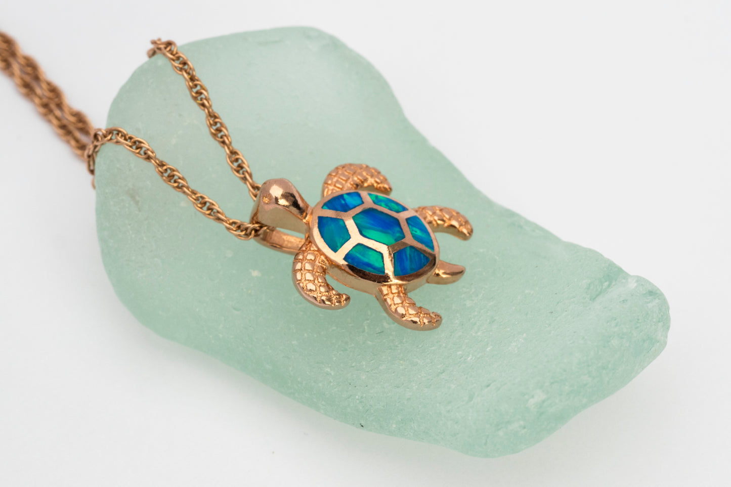 Rose Gold Plated Blue Opal Sea Turtle Pendant Sterling Silver