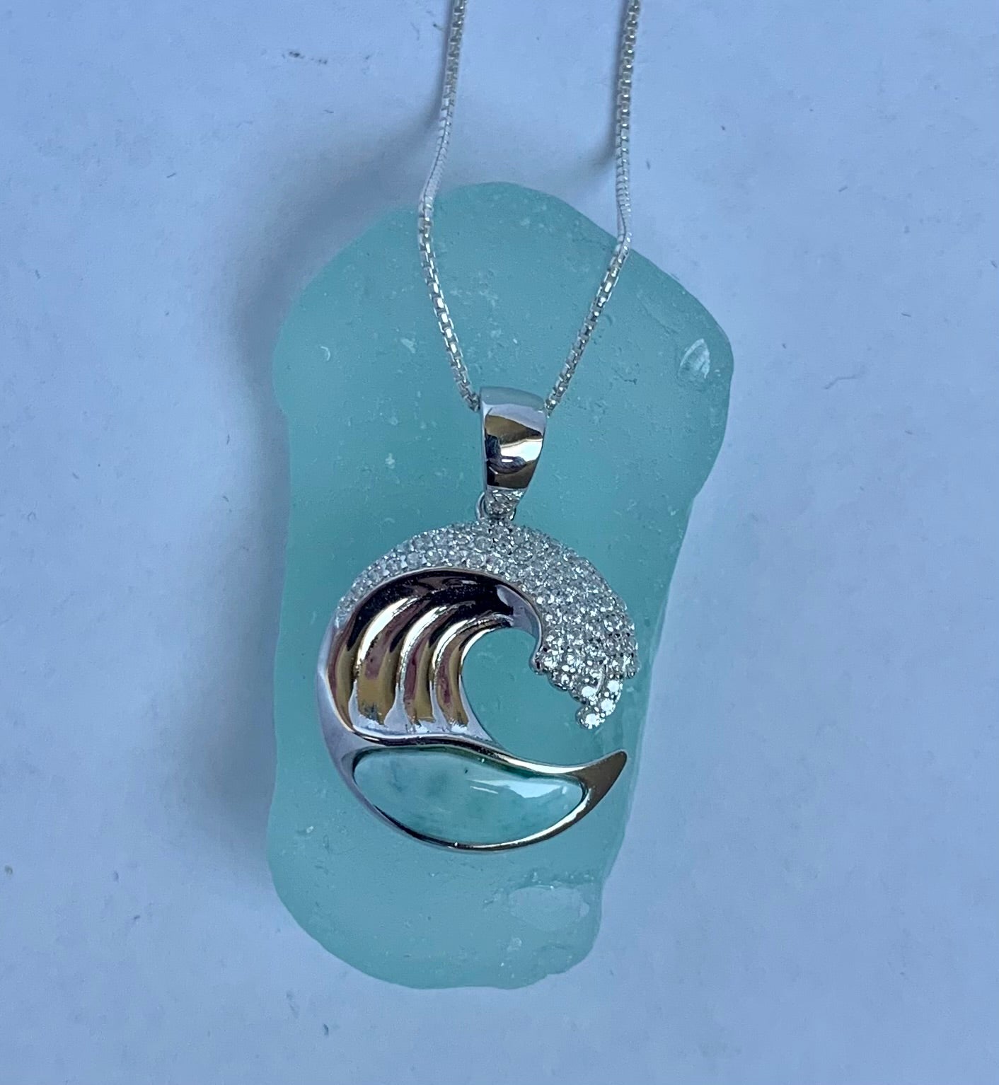 Natural Larimar Pendant - Wave in Sterling Silver and Cubic Zirconia