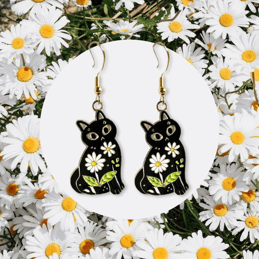Black Cat earrings with flowers. Handmade and Lightweight. Nickel free