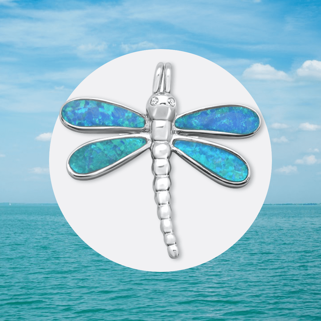 Blue Opal Sterling Silver Dragonfly Pendant. 1 inch in size.
