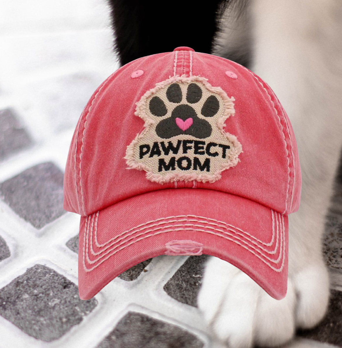 Pawfect Mom Hat Distressed Hot Pink Baseball Cap