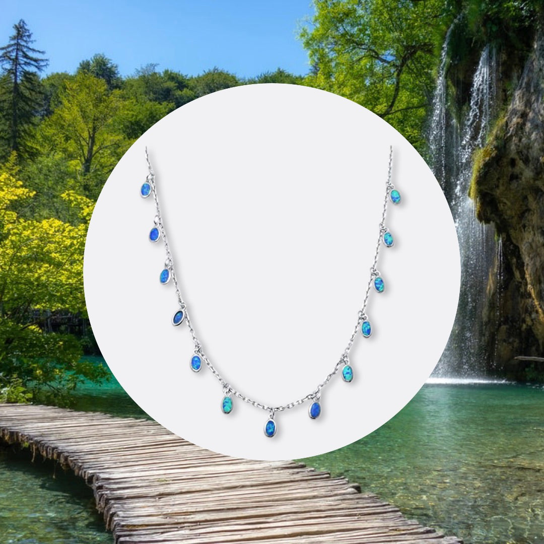 Blue Opal Necklace Sterling Silver Waterfall